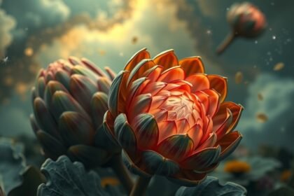 Carciofi in un paesaggio onirico, simbolo di protezione e delicatezza.