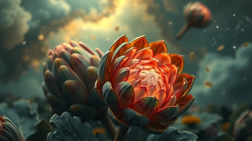 Carciofi in un paesaggio onirico, simbolo di protezione e delicatezza.