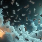 Bancnote che volano tra le nuvole sotto una luna piena