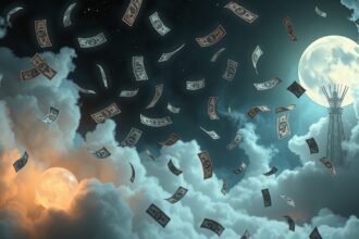 Bancnote che volano tra le nuvole sotto una luna piena