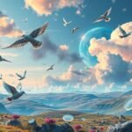 Scena onirica con uccelli che volano in un paesaggio fantastico