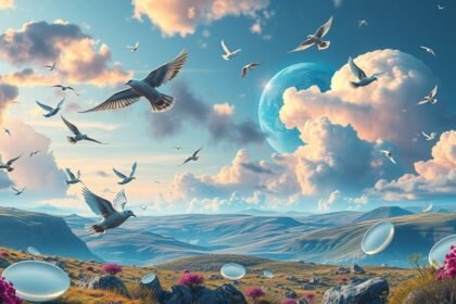 Scena onirica con uccelli che volano in un paesaggio fantastico