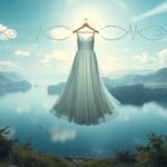 Abito bianco sospeso su un lago circondato da montagne