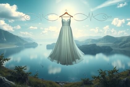 Abito bianco sospeso su un lago circondato da montagne