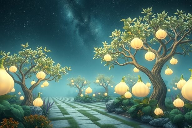 Alberi incantati con frutti luminosi in un paesaggio notturno sereno