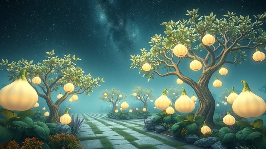 Alberi incantati con frutti luminosi in un paesaggio notturno sereno