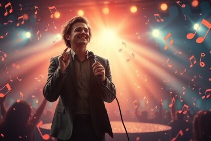 Cantante sul palco circondato da note musicali e pubblico in festa