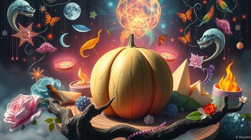 Illustrazione simbolica del melone con elementi onirici e自然