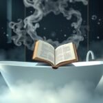 Vasca da bagno con libro aperto e vapore bianco