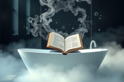 Vasca da bagno con libro aperto e vapore bianco
