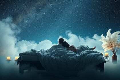 Coppia innamorata sul letto matrimoniale sotto le stelle