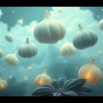 Illustrazione di fichi bianchi fluttuanti in un cielo etereo.