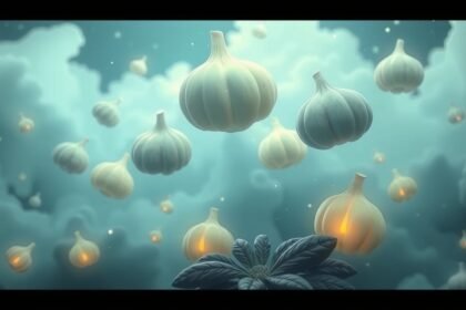 Illustrazione di fichi bianchi fluttuanti in un cielo etereo.