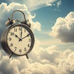 Orologio a pendolo sospeso tra le nuvole sullo sfondo blu.