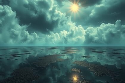 Vista di un paesaggio marino con nuvole e riflessi sul pavimento bagnato