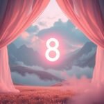 Tende che si aprono verso un paesaggio mistico con il numero 8 in evidenza