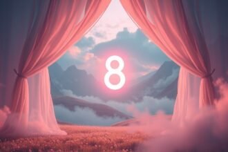 Tende che si aprono verso un paesaggio mistico con il numero 8 in evidenza