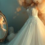 Abito da sposa etereo riflesso in uno specchio con nuvole