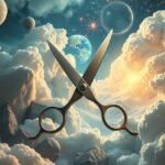 Forbici in un paesaggio onirico, simbolo di cambiamenti e decisioni.