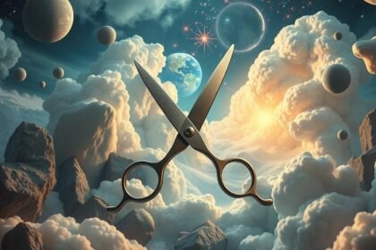 Forbici in un paesaggio onirico, simbolo di cambiamenti e decisioni.