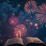 Fuochi d'artificio sopra un libro aperto in una notte stellata