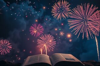 Fuochi d'artificio sopra un libro aperto in una notte stellata