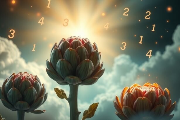 Carciofi simbolici con numeri fluttuanti che richiamano sogni e salute