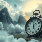 Orologio da sogno tra nuvole e montagne, simbolo del tempo onirico.