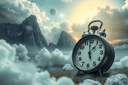 Orologio da sogno tra nuvole e montagne, simbolo del tempo onirico.