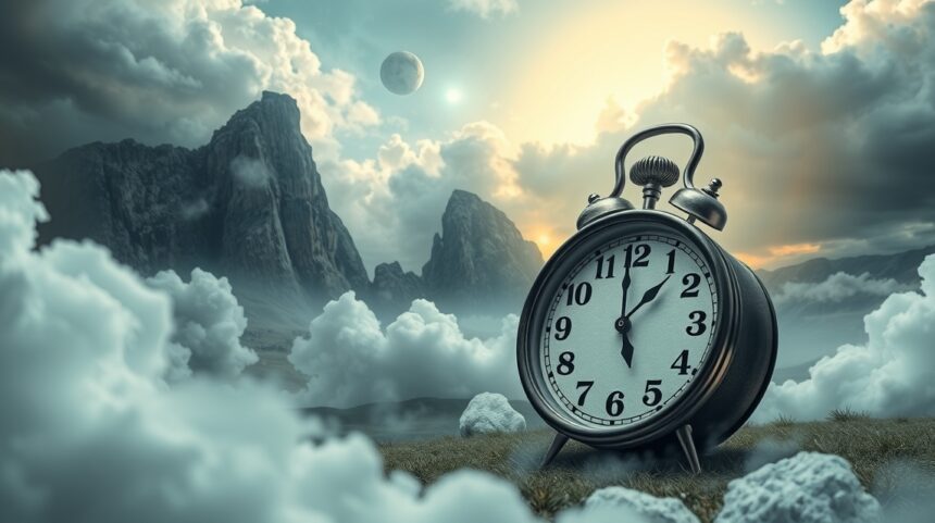 Orologio da sogno tra nuvole e montagne, simbolo del tempo onirico.