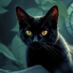 Un misterioso gatto nero con occhi dorati tra le foglie