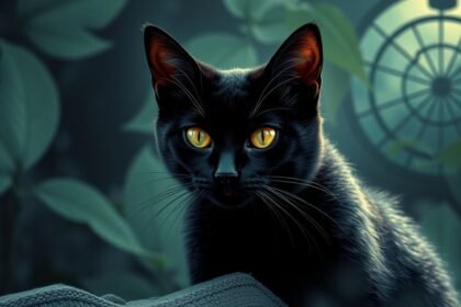 Un misterioso gatto nero con occhi dorati tra le foglie