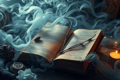 Un libro aperto circondato da fumi e candele, simbolo di introspezione.