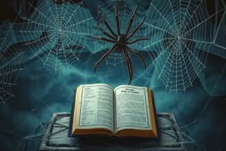 Un libro aperto circondato da ragnatele e un ragno, simbolo di trasformazione