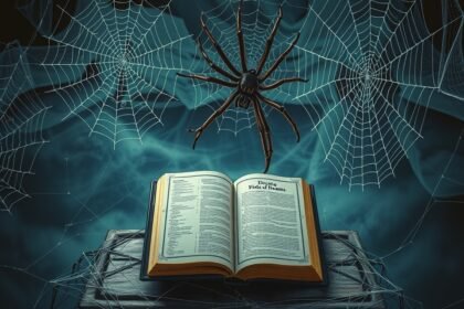 Un libro aperto circondato da ragnatele e un ragno, simbolo di trasformazione