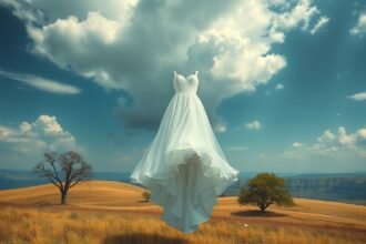 Abito da sposa fluttuante in un paesaggio sereno