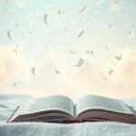 Un libro aperto con confetti bianchi che fluttuano in un'atmosfera serena.