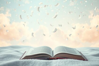 Un libro aperto con confetti bianchi che fluttuano in un'atmosfera serena.