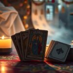 Carte da gioco illuminate da una candela, simboli di destino e interpretazione.