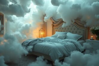Un letto avvolto da nuvole, simbolo di sogni e intimità.