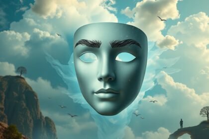 Maschera sospesa nei cieli che simboleggia identità e vulnerabilità