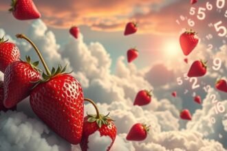 Fragole rosse fluttuanti tra le nuvole con numeri