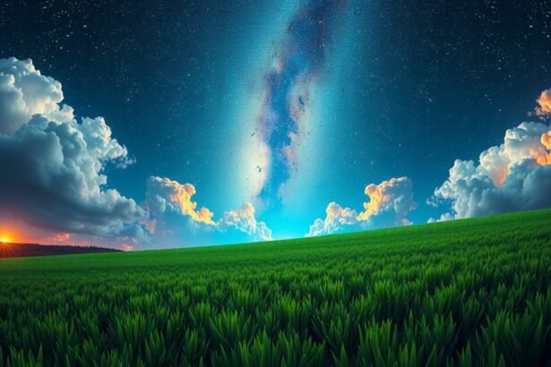 Paesaggio di erba verde con cielo stellato e nuvole voluminose