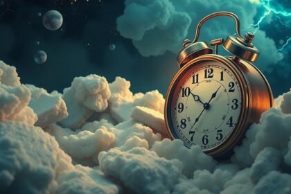 Orologio che segna il tempo tra nuvole e simboli di sogno