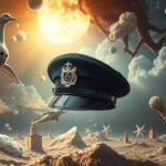 Cappello da poliziotto fluttuante in un paesaggio onirico surrealista