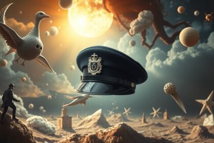Cappello da poliziotto fluttuante in un paesaggio onirico surrealista