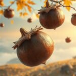 Castagne che pendono da un ramo in un paesaggio autunnale