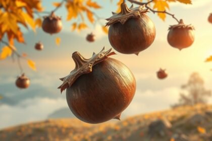 Castagne che pendono da un ramo in un paesaggio autunnale