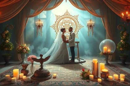 Coppia che si sposa in un ambiente romantico e decorato