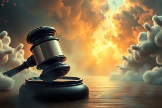 Martelletto del giudice su sfondo drammatico di nuvole e luce